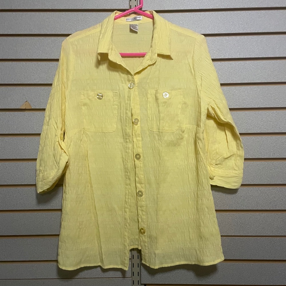Rebecca Malone Yellow Button Down 3/4 Sleeve Tunic Top Blouse 1X
